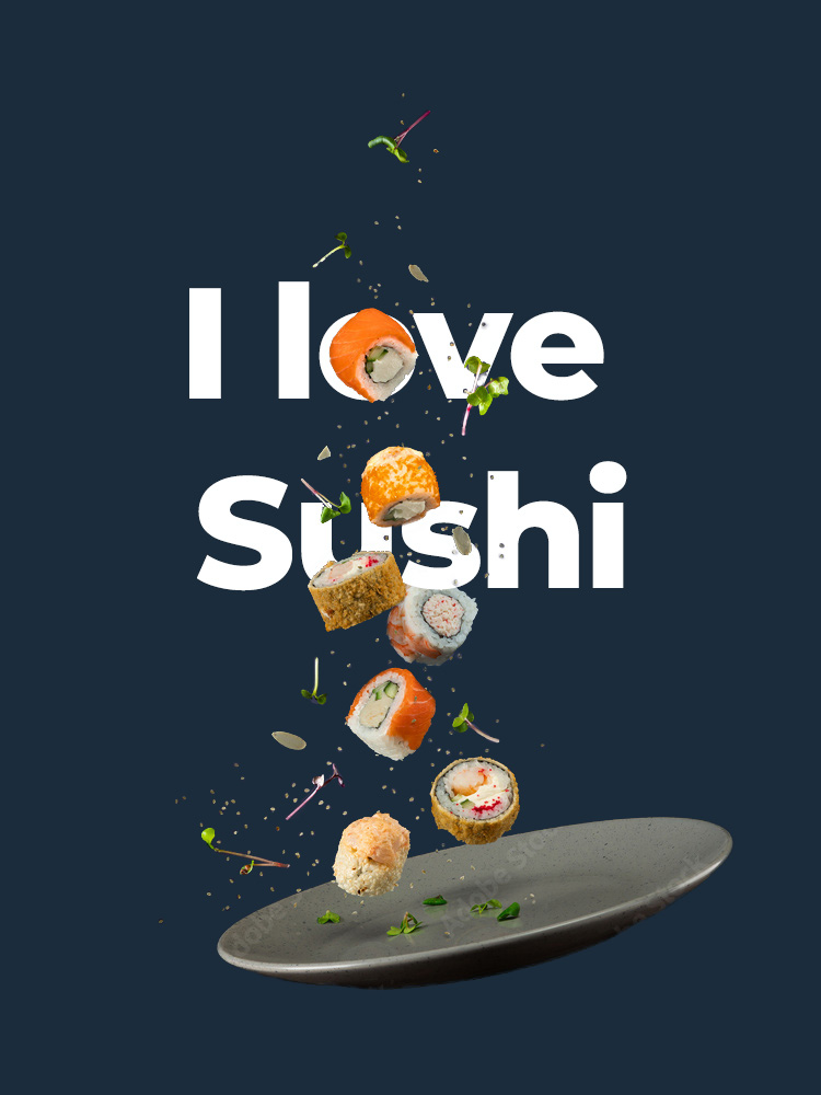 The same stock image now cut up and pieced back together in the same formation as the original to allow me to add the text 'I love Sushi'